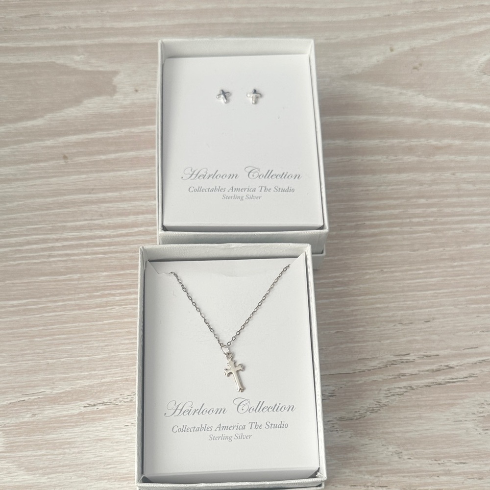 Heirloom Collection Sterling Silver Cross Necklace and Earrings Set